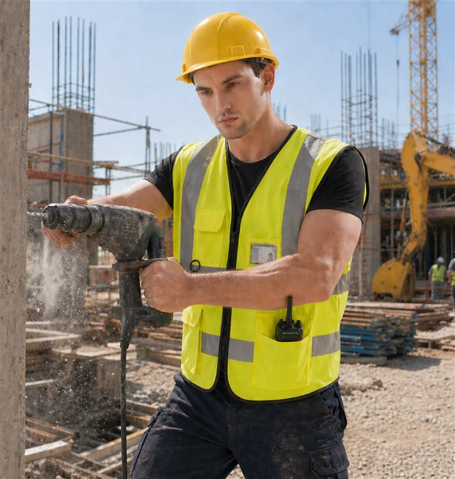 High visibility reflective work pants in a workshop